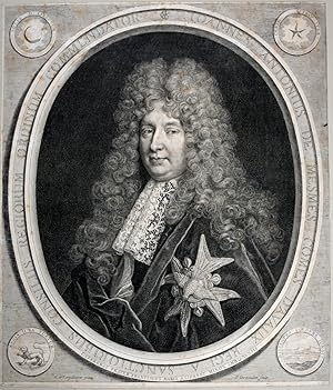 Imagen del vendedor de Portrait. Bste in Oval mit Percke und groem Orden. Kupferstich von Cornelius Marinus Vermeulen nach dem Gemlde des Largilliere. a la venta por Antiquariat  Braun