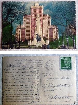 Antigua Postal Foto Relieve - Old Postcard : MONUMENTO A CERVANTES Y EDIFICIO ESPAÑA