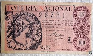 Antigua tarjeta Lotería - Old Lottery card : LOTERÍA NACIONAL 22 DICIEMBRE 1945, Número 26751