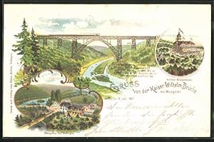 Lithographie Müngsten b. Solingen, Kaiser-Wilhelm-Brücke, Schloss Küppelstein