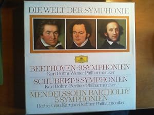 Bild des Verkufers fr 1) Beethoven - 9 Symphonien. Wiener Philharmoniker unter Karl Bhm. 2) Schubert - 8 Symphonien, Musik zu Rosamunde. Berliner Philharmoniker unter Karl Bhm. 3) Mendelssohn - 5 Symphonien. Berliner Philharmoniker unter Herbert von Karajan. LB-Box mit 17 LP. 2892 006. Aus der Reihe "Welt der Symphonie". zum Verkauf von Buch-Galerie Silvia Umla