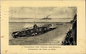 Künstler Ansichtskarte / Postkarte Österreichisches U Boot beim Abfeuern eines Torpedos, Kuk Krie...