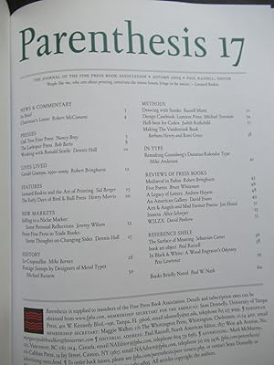 PARENTHESIS 17. THE JOURNAL OF THE FINE PRESS BOOK ASSOCIATION. Number 17, Autumn 2009