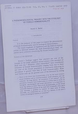 Imagen del vendedor de A Phenomenological Inquiry into the Etiology of Female Homosexuality [offprint sheets] reprinted from The Journal of Human Relations, vol. 17, #4, fourth quarter 1969 a la venta por Bolerium Books Inc.