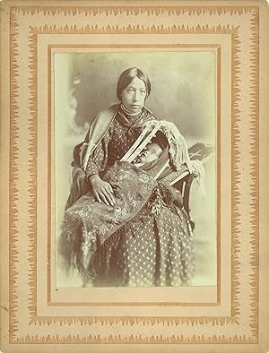ALBUMEN PHOTOGRAPH OF A YOUNG KAW WOMAN AND HER PAPOOSE BY J. B. DRAKE, PONCA CITY, OKLAHOMA TERR...