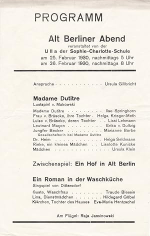 Programm: Alt Berliner Abend veranstaltet von der U II a der Sophie-Charlotte-Schule. Original-Pr...