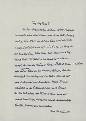 Eigenh. Brief m.U. ("Peter Vonderbruck"). Wien 1.5.1966. 2 S. 8° mit Kuvert.