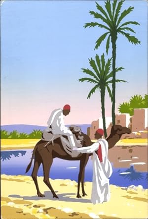 Bild des Verkufers fr Ansichtskarte / Postkarte Mann auf einem Kamel reitend, Palmen, Fluss zum Verkauf von akpool GmbH