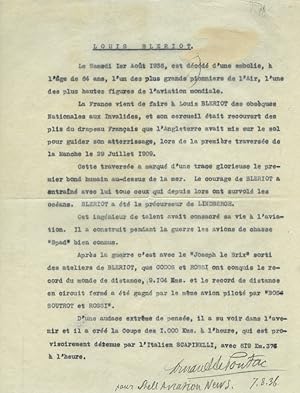 Arnaud de Pontac Typed letter signed on the Death of Louis Blériot 1936