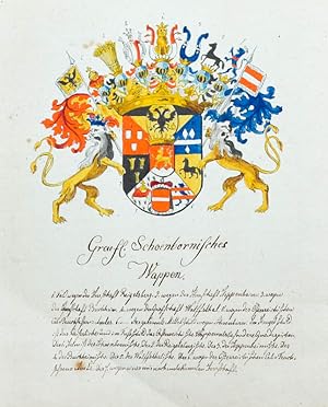 Feine Wappenmalerei mit handschriftlicher Erklärung der Felder. Graefl. Schoenbornisches Wappen.