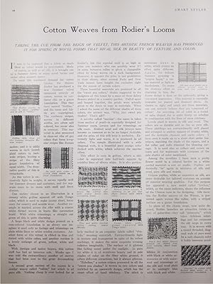 Bild des Verkufers fr Article: Cotton Weaves from Rodier's Looms, "Taking the Cue from the reign of Velvet, this artistic French Weaver has produced it for spring in novel forms that rival silk in beauty of texture and color" Beautiful Photographs Which Were Just Starting to Come Into Use by Magazines zum Verkauf von Hammonds Antiques & Books