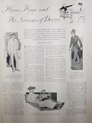 Bild des Verkufers fr Article: Mere Man and His Notions of Dress "Approaching Spring Makes its Usual Appeal to Mere Man" Beautiful Hand-Drawn Illustration As They Used to Do before Photography Took Over. zum Verkauf von Hammonds Antiques & Books