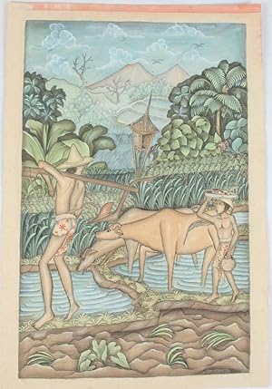 Bild des Verkufers fr Balinese watercolour, two male figures with water buffalo. zum Verkauf von Asia Bookroom ANZAAB/ILAB