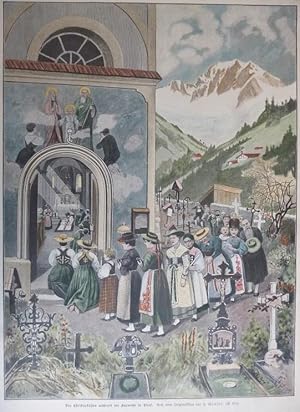 kolorierter Holzstich - Das Christusküssen während der Karwoche in Tirol. ( Brauchtum Tracht Folk...