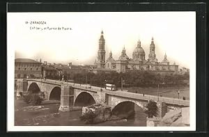 Ansichtskarte Zaragoza, El Pilar y el Puente de Piedra, Strassenbahn