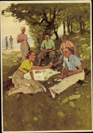 Künstler Ansichtskarte / Postkarte Reklame Indanthren Farben, Ausflugsgesellschaft, Picknick