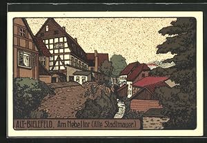Steindruck-Ansichtskarte Bielefeld, Am Nebeltor, Alte Stadtmauer