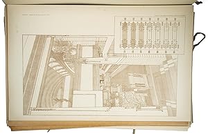 Immagine del venditore per Ausgefhrte Bauten und Entwrfe von Frank Lloyd Wright.Berlin, Ernst Wasmuth, [1910]. 1 text volume and 2 portfolios with lithographed plates. 1mo (plates, ca. 64 x 40 cm) and folio (text volume, ca. 41 x 32 cm). Text volume with the title printed in gold. With a total of 100 lithographed plates in 2 portfolios: 72 plates numbered I-LXIV, printed on grey or white paper and mostly printed in brown, some in grey, grey & white or brown & white, one in gold (plate I), one in colour (plate LXIV) and one plate folding (plate LX), and 28 overlays, printed in brown on tissue paper. Each plate embossed with Wright s blind stamp. Kept loose, as issued, in the original two portfolios (64 x 41.5 cm), both dark blue half cloth with the original publisher's printed grey wrappers over boards with all white ties present. Both portfolios and text leaves are kept in a larger, later beige half cloth portfolio (ca. 65 x 43 cm) with brown paper sides, three protective flaps and white ties. venduto da Antiquariaat FORUM BV