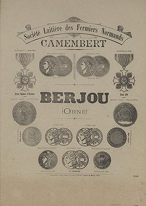 "CAMEMBERT BERJOU" Affiche d'intérieur originale entoilée / Typo-litho Imp. GRANGE-ORGEVAL et GAY...