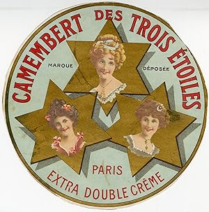 "CAMEMBERT DES TROIS ÉTOILES" Étiquette-chromo originale (entre 1890 et 1900)