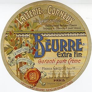 "BEURRE LAITERIE DE CORNEUX (Maurice GRILLOT)" Etiquette-chromo originale (1900)