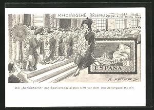 Künstler-Ansichtskarte Düsseldorf, Rheinische Briefmarken-Ausstellung 1936, Die Schirmherrin der ...