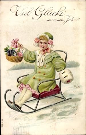 Ansichtskarte / Postkarte Glückwunsch Neujahr, Mädchen, Schlitten, Blumen