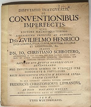 Bild des Verkufers fr Dispvtatio Inavgvralis, De Conventionibus Imperfectis, . zum Verkauf von Auceps-Antiquariat Sebastian Vogler