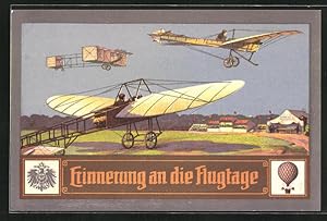 Künstler-Ansichtskarte Erinnerung an die Flugtage, Flugzeug über einem Flugplatz, Ballon