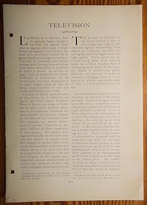 Bild des Verkufers fr Bell Telephone Laboratories Inc. "TELEVISION" - In French and English - Left Column French & Right Column English zum Verkauf von RG Vintage Books