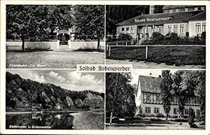 Seller image for Ansichtskarte / Postkarte Bodenwerder an der Weser, Strandhotel Zur Weser, Steinmhle, Geburtshaus Mnchhausen - Bes. Ed. Maneke for sale by akpool GmbH