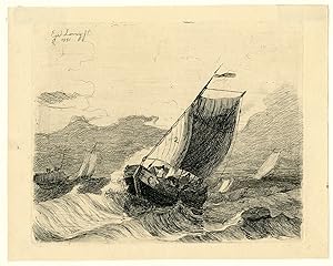 Antique Master Print-SAILING BOAT-SHIP-SEA-WAVES-Linnig-1841
