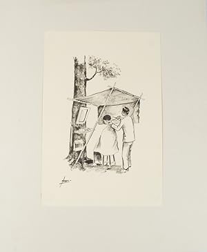 Indonesian print of an outdoor barber at work.