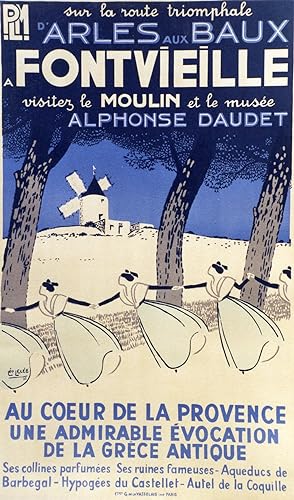 "FONTVIEILLE : MOULIN d' ALPHONSE DAUDET" Affiche PLM originale entoilée / Litho par Léo LELÉE / ...
