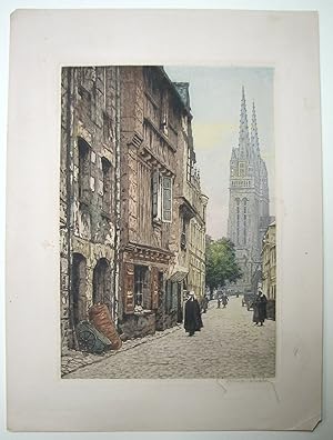 View of Cathedral Saint-Corentintin from Rue Sainte Catherine in Quimper, France