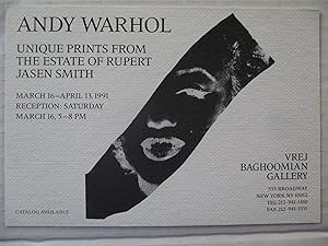 Seller image for Andy Warhol: Unique Prints from the Estate of Rupert Jasen Smith Vrej Baghoomian Gallery 1991 Exhibition invite postcard for sale by ANARTIST