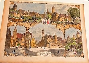 Rothenburg ob der Tauber Souvenirblatt mit 5 Ansichten, Holzstich koloriert.Marktplatz, Weißer Tu...