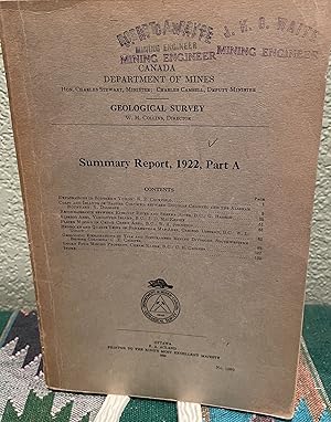 Seller image for Summary Report, 1922, Part A. for sale by Crossroads Books