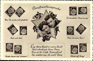 Ansichtskarte / Postkarte Briefmarkensprache, Liebespaar, Kuss, Hab mich lieb - Verlag: Amag 70844