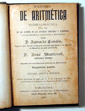 Immagine del venditore per NOCIONES DE ARITMTICA TERICO-PRCTICA. Segunda parte - Barcelona 1907 venduto da Llibres del Mirall