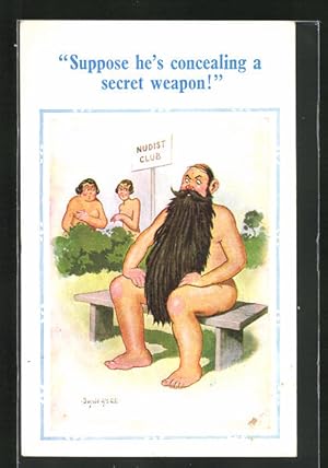 Bild des Verkufers fr Knstler-Ansichtskarte Donald McGill: Frauen tuscheln ber einen Nudisten mit langem Bart zum Verkauf von Bartko-Reher