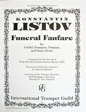 Image du vendeur pour Funeral Fanfare: For 3 B-flat Tumpets, Timpani, and Snare Drum. mis en vente par Ken Jackson