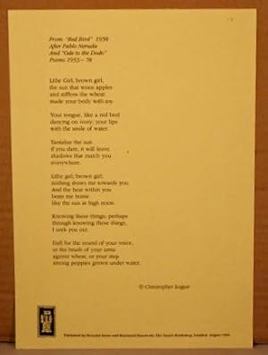 Seller image for From: "Red Bird" 1958 / After Pablo Neruda / And "Ode to the Dodo" / Poems 1953-78. BROADSIDE 8.2x11.8 inches. for sale by Bucks County Bookshop IOBA