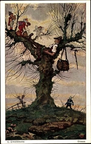 Künstler Ansichtskarte / Postkarte Strathmann, E., Traum, Mann schläft auf einem Baum - Primus 3003