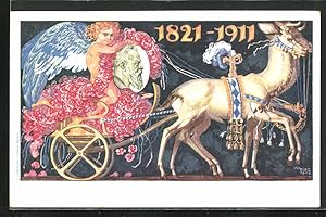 Imagen del vendedor de Knstler-Ansichtskarte Engelchen mit Bildnis des Prinzregenten Luitpold auf einer von weissen Hirschen gezogenen Kutsche, Ganzsache a la venta por Bartko-Reher