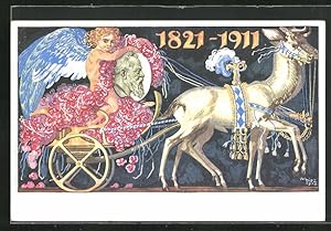Imagen del vendedor de Knstler-Ansichtskarte Engelchen mit Bildnis des Prinzregenten Luitpold auf einer von weissen Hirschen gezogenen Kutsche, Ganzsache a la venta por Bartko-Reher