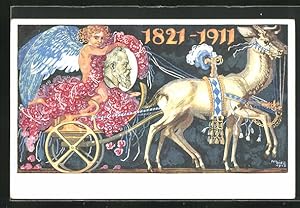 Imagen del vendedor de Knstler-Ansichtskarte Engelchen mit Bildnis des Prinzregenten Luitpold auf einer von Hirschen gezogenen Kutsche, Ganzsache a la venta por Bartko-Reher