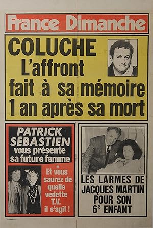 "COLUCHE" (+ Patrick SÉBASTIEN et Jacques MARTIN) Affiche originale entoilée FRANCE DIMANCHE n° 2...