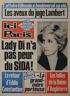 "LADY DI n'a pas peur du SIDA" Affiche originale entoilée ICI PARIS N° 2180 (1987)