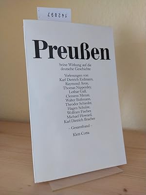 Bild des Verkufers fr Preuen. Seine Wirkung auf die deutsche Geschichte. [Vorlesungen von Karl Dietrich Erdmann, Raymond Aron, Thomas Nipperdey, Lothar Gall, Clemens Menze, u. a.]. Bilanz-Kolloquium mit Kurt Birrenbach, Horst Mller, Thomas Nipperdey, Michael Strmer, Rudolf von Thadden. (= Thyssen-Vortrge). zum Verkauf von Antiquariat Kretzer